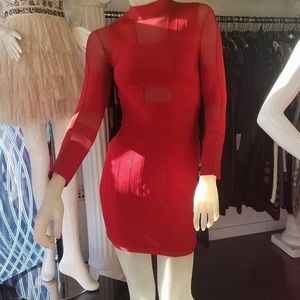 Red long sleeve, stretch and see-through dress